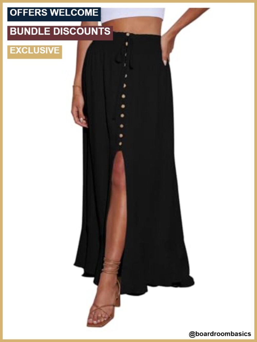 Women's Elastic Waist Button Down Maxi Skirt Flowy Swing Slit Front